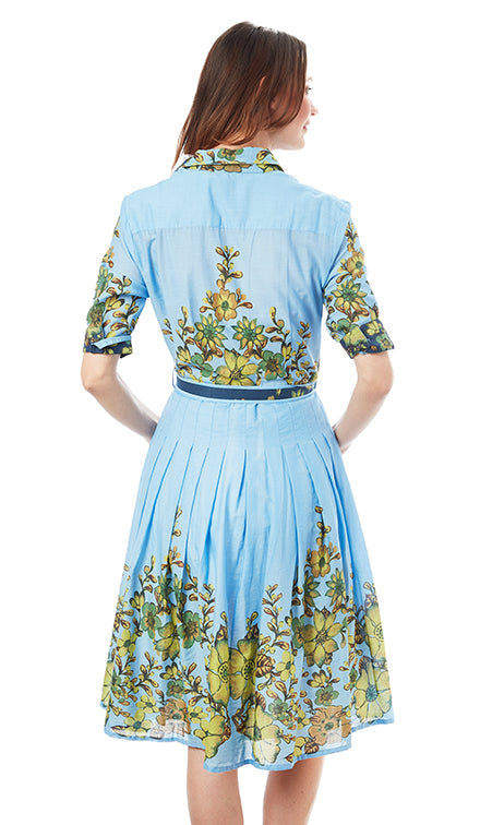 Dizzy-Lizzie Mrs Maisel Dress - Light Blue Ground With Leaves Print available at Barbara Katz