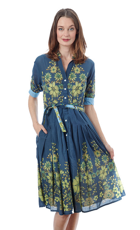 Dizzy-Lizzie Mrs Maisel Dress - Navy Ground With Leaves Print available at Barbara Katz