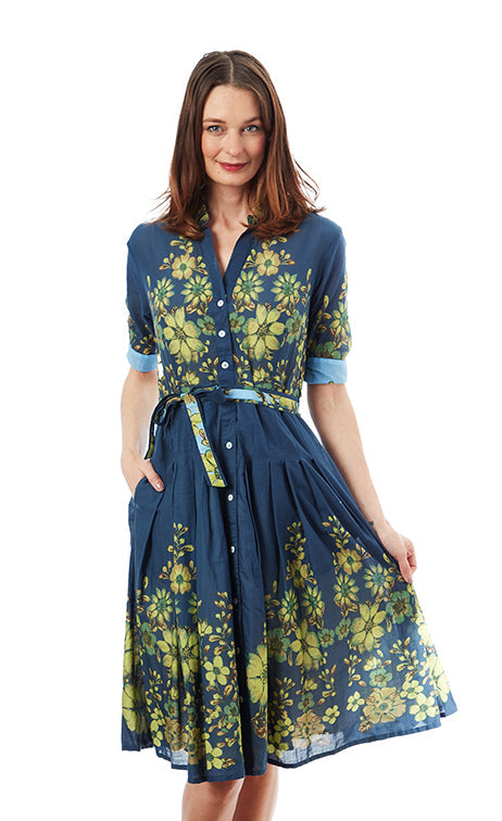 Dizzy-Lizzie Mrs Maisel Dress - Navy Ground With Leaves Print available at Barbara Katz