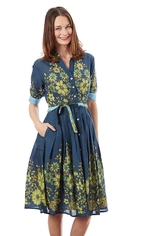 Dizzy-Lizzie Mrs Maisel Dress - Navy Ground With Leaves Print available at Barbara Katz