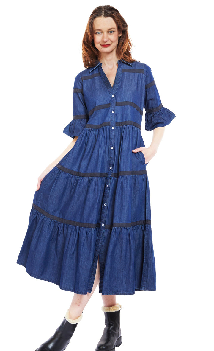 Miami Dress In Denim With Black Ribbon Trim XS / 6645-DEN