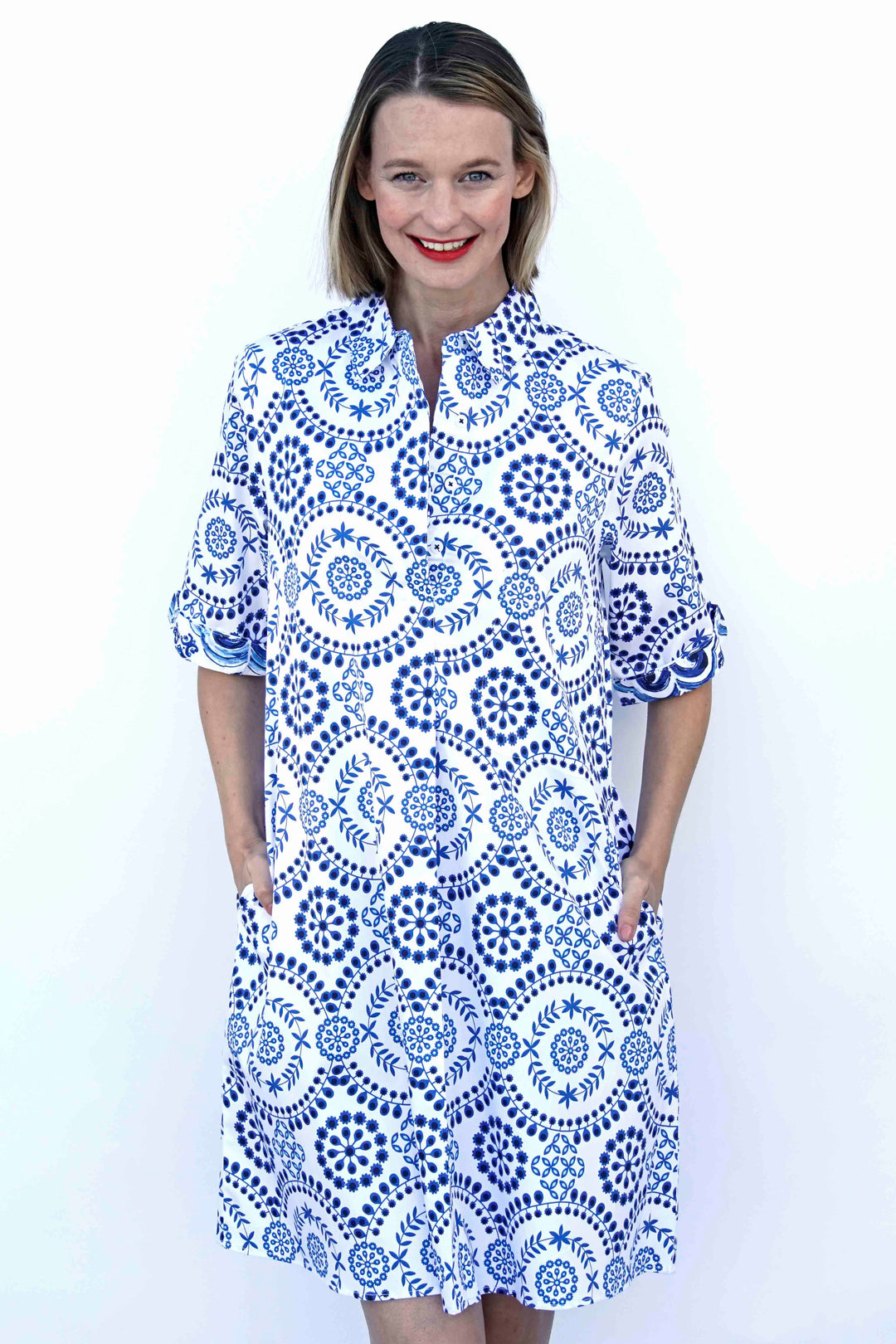 Dizzy-Lizzie Monterey Dress - Blue White Americana Print available at Barbara Katz