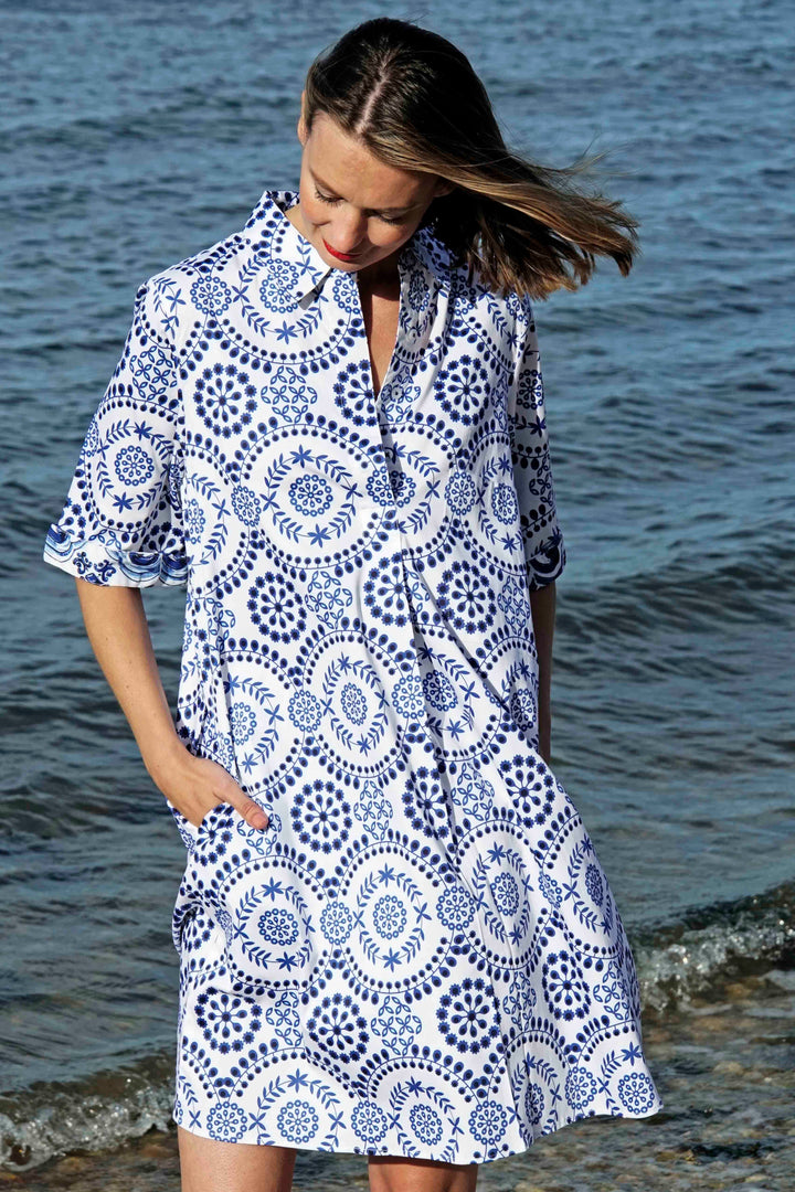 Dizzy-Lizzie Monterey Dress - Blue White Americana Print available at Barbara Katz