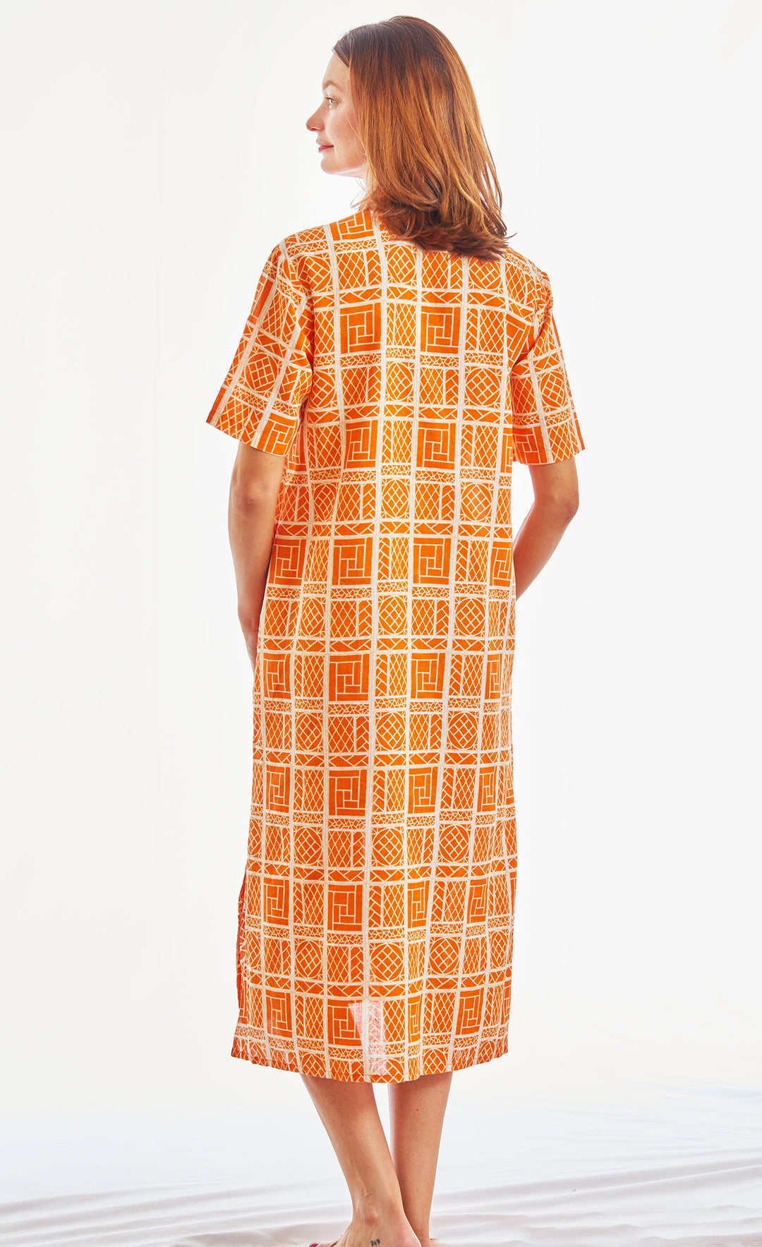 Breakers Dress, Long Shortsleeved Shirtdress With Long Slits Orange White Wicker Print XS / 6902-S003