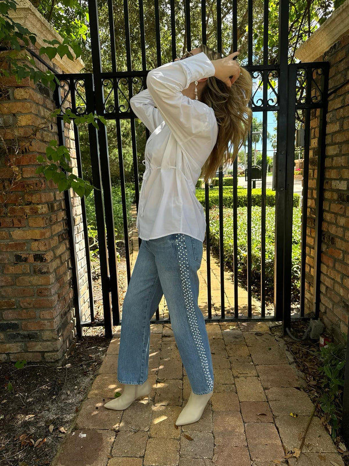 Ba&sh Aply Long Sleeve Shirt in Blanc paired with Frame Atelier Le Jane Crop Jeans in Daylight Pearl, Lizzie Fortunato Silver Mine Earrings - all available at Barbara Katz