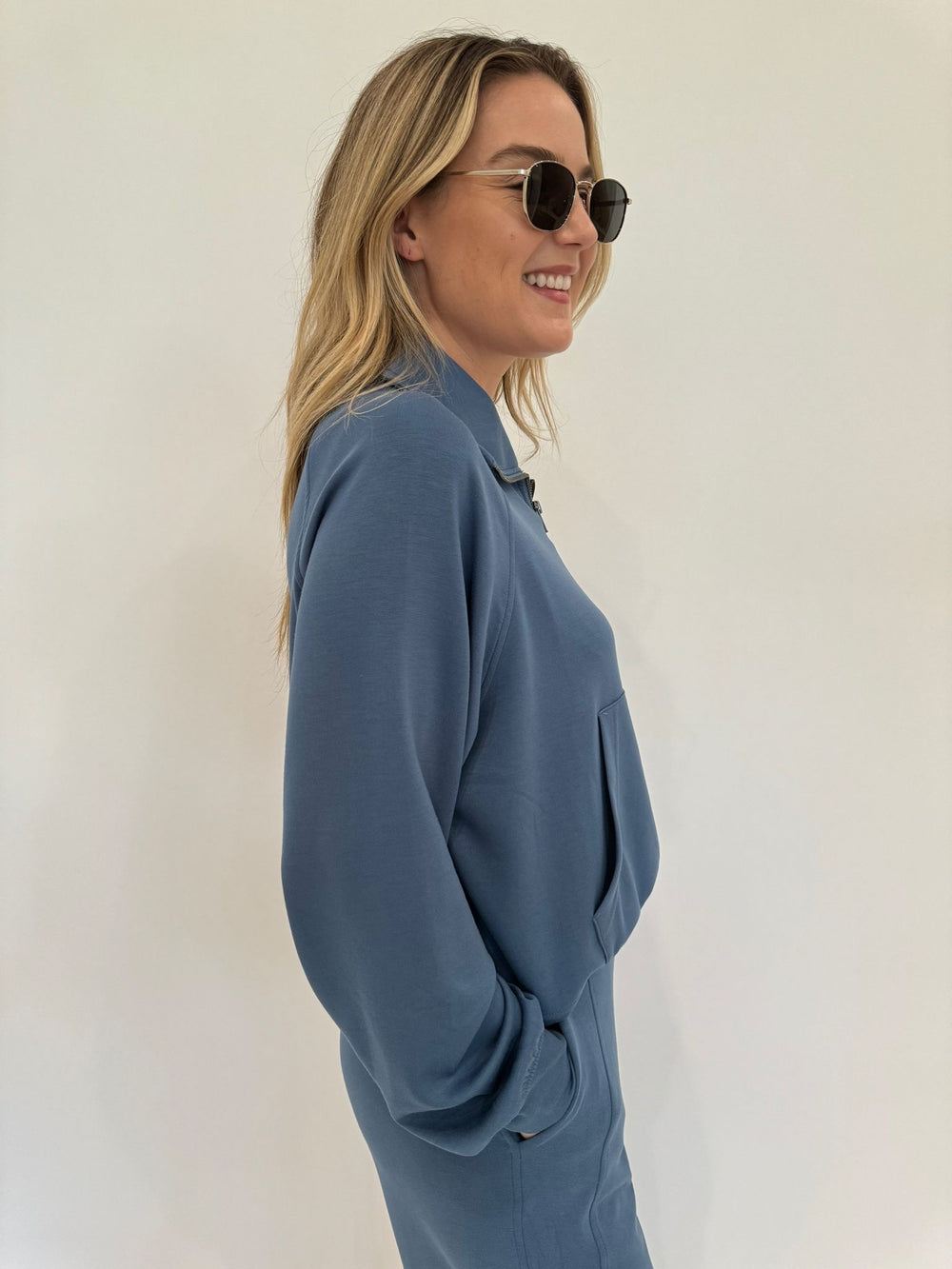 BK Caroline Half Zip-Up Collar Sweatshirt in Gray Blue paired with matching Cindy High-Waist Wide Leg Sweatpants, Le Specs Neptune Deux Sunnies available at Barbara Katz