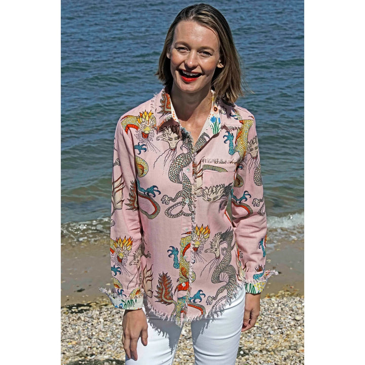 Dizzy-Lizzie Cape Cod Frayed Shirt - Pink Ground Dragons available at Barbara Katz