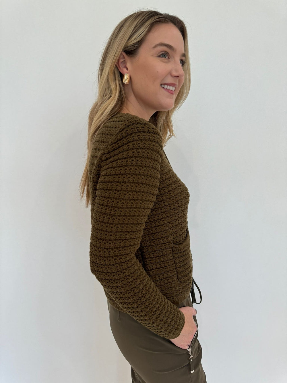 Ba&sh Gaspard Long Sleeve Knit Cardigan in Kaki paired with Raffaello Rossi Candy Pants in Olive available at Barbara Katz