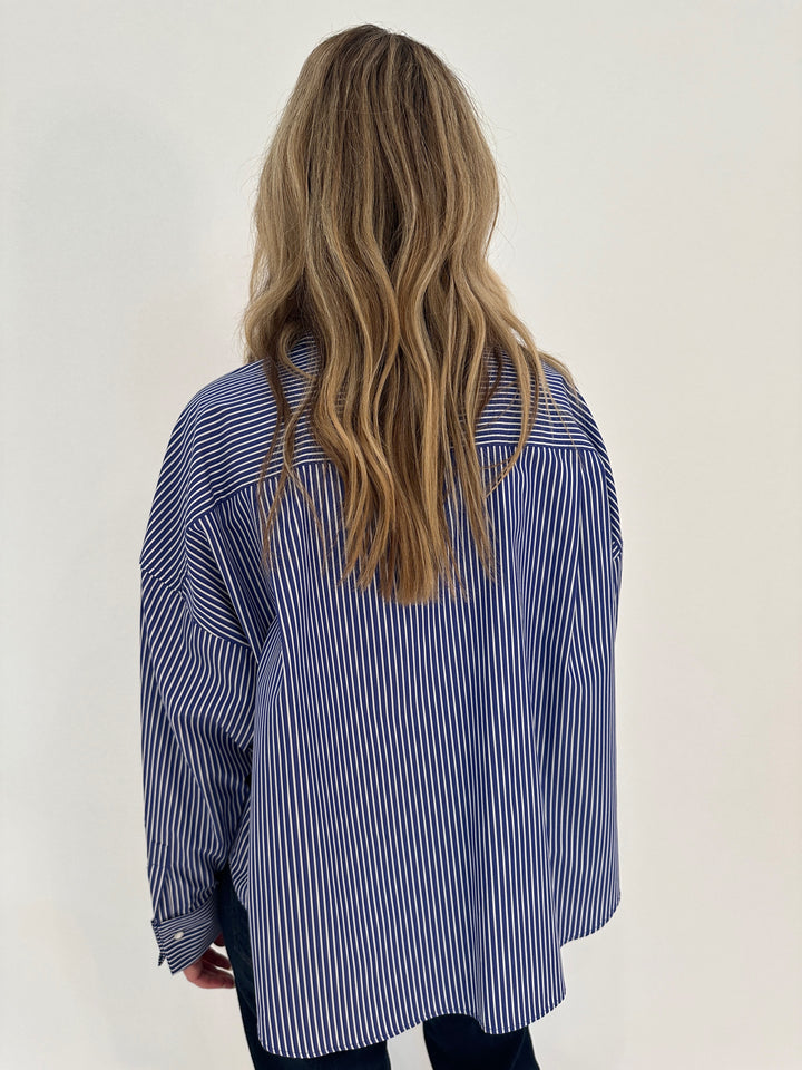 Max Mara Weekend Long Sleeve Poplin Over Shirt in Navy Stripe available at Barbara Katz