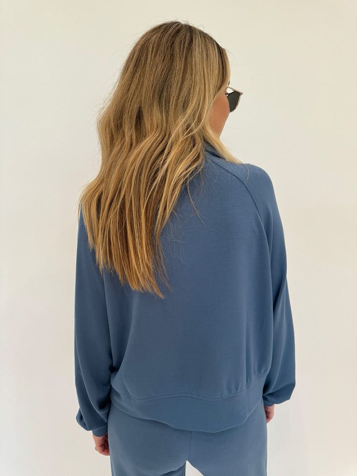 BK Caroline Half Zip-Up Collar Sweatshirt in Gray Blue paired with matching Cindy High-Waist Wide Leg Sweatpants, Le Specs Neptune Deux Sunglasses available at Barbara Katz