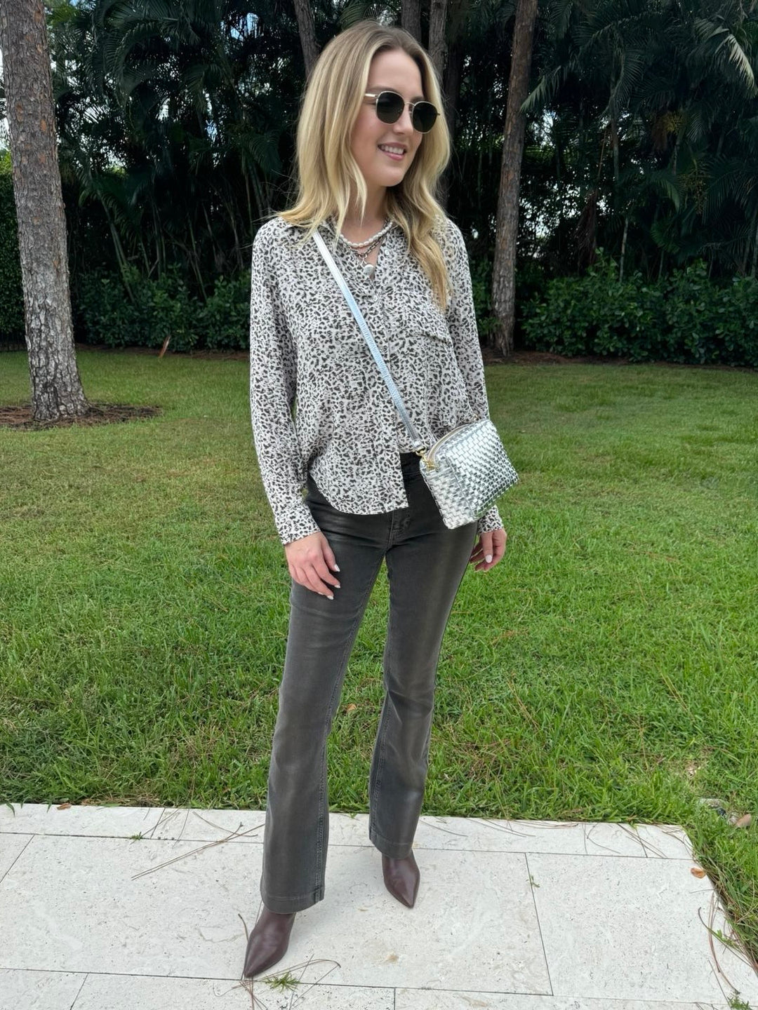 Rails Josephine Button Front Shirt in Charcoal Watercolor Cheetah Print paired with MAC Dream Boot Jeans in Metallic, and Clare V Midi Sac Crossbody Bag in Silver Woven