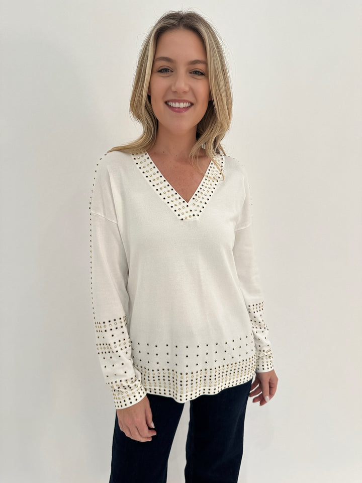 Leo & Ugo V-Neck Rhinestone Grommet Top in White available at Barbara Katz