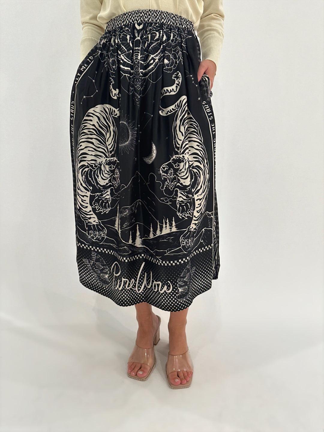 ME369 Vanessa Black Magic Printed Pull-On Midi Skirt available at Barbara Katz