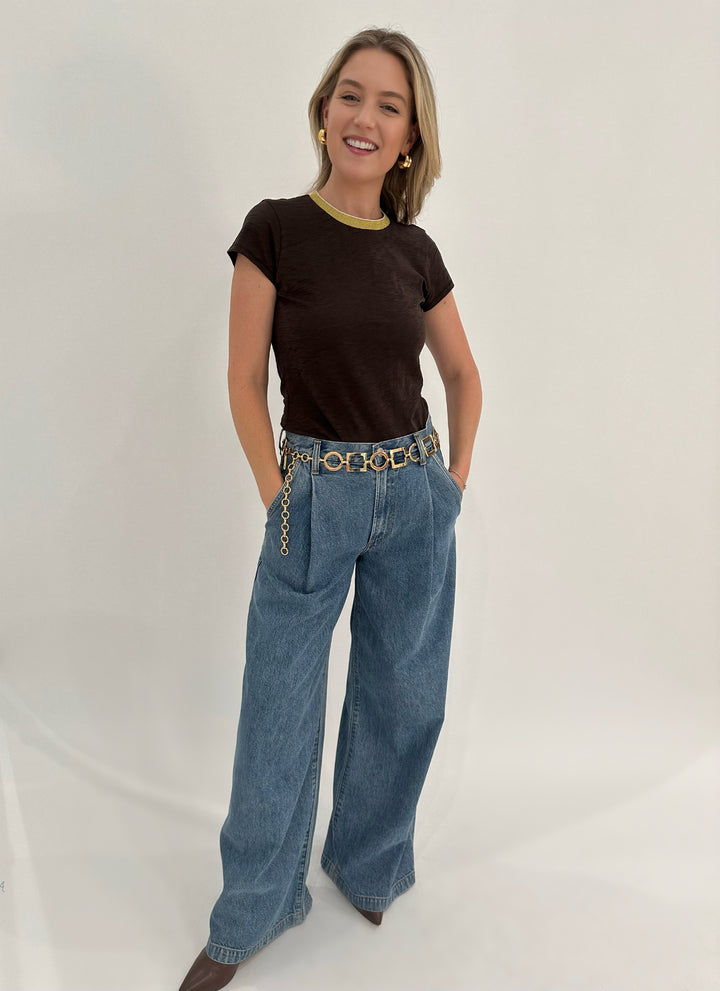 Goldie Metallic Tipped Ringer Short Sleeve Tee in Coffee/Gold paired with Agolde Ellis Wide Leg Trousers available at Barbara Katz