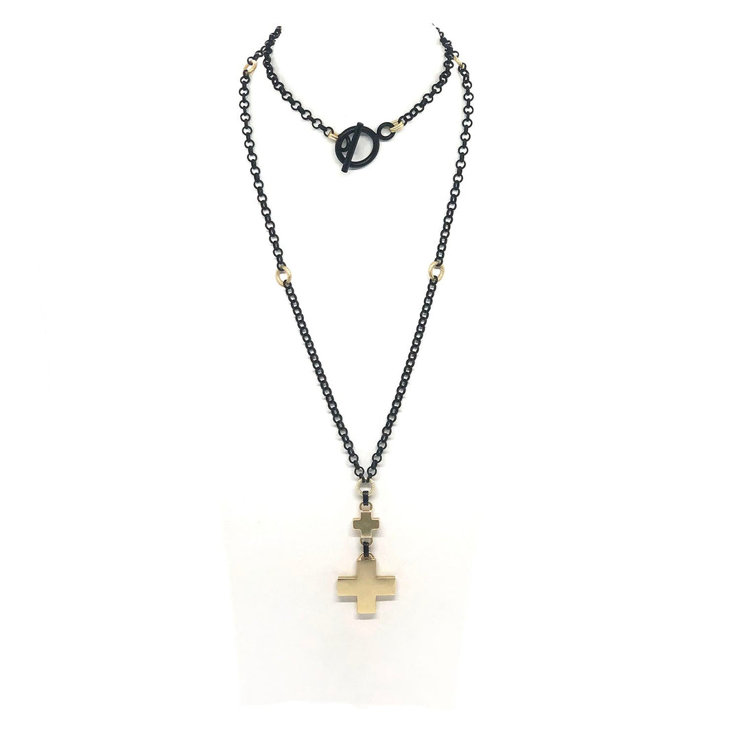 Deborah Grivas Matte Gold Cross Pendant On Matte Black Chain Necklace