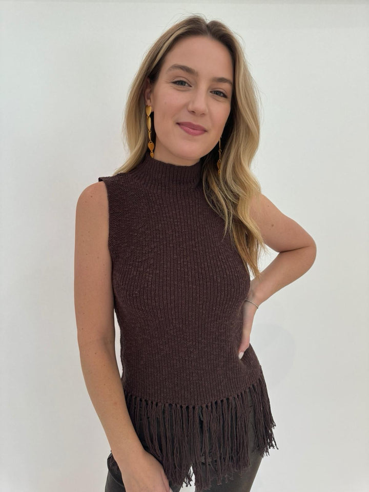 Rails Astrid Fringe Top in Umber, sleeveless blouse made from cotton crochet knit featuring a high neckline, fringe trim, and flattering fit #summerfashion #summertop