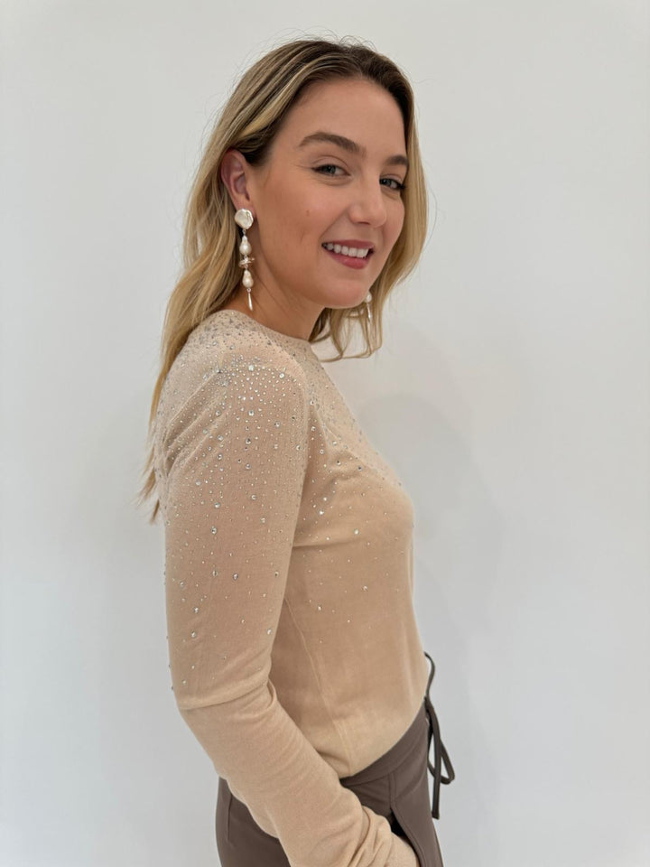 Generation Love Elsie Crystal Sweater in Beige paired with Raffaello Rossi Candice Straight Pants in Taupe, Lizzie Fortunato Silver Mine Earrings - all available at Barbara Katz