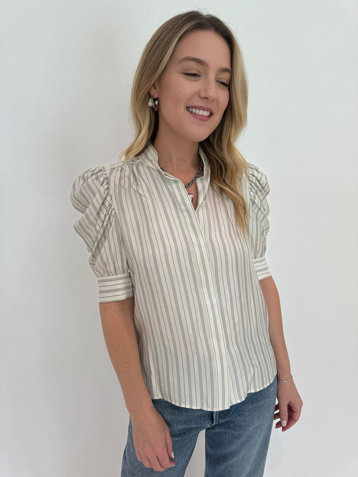 Frame Gillian Top in Cream Multi, 100% silk blouse with high neck collar, short puff sleeves, concealed button-down placket, and white light blue stripes