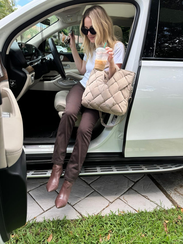 Frame Side Detail Button Tee in White paired with MAC Jeans Dream Straight Denim 32" in Deep Brown, and Sol and Selene Revelation Tote Handbag in Nude