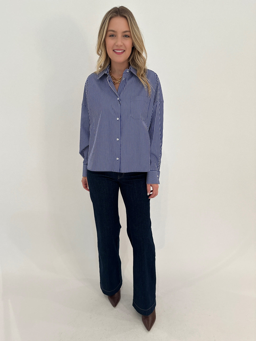 Max Mara Weekend Poplin Over Shirt in Navy Stripe paired with MAC Dream Wide Jeans 32" in Indigo Dark available at Barbara Katz