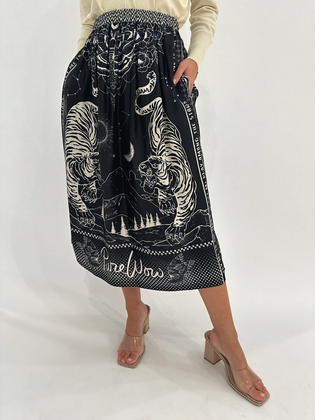 ME369 Vanessa Black Magic Printed Midi Pull-On Skirt available at Barbara Katz