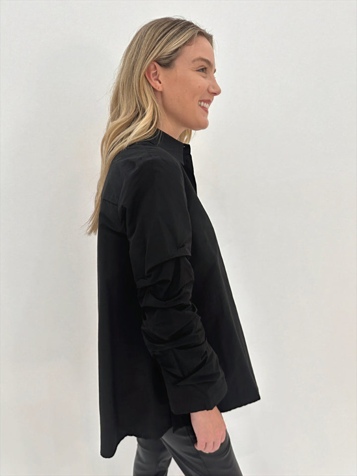 Ozai N Ku Sylvie Ruched Long Sleeve Button Down Shirt in Black available at Barbara Katz