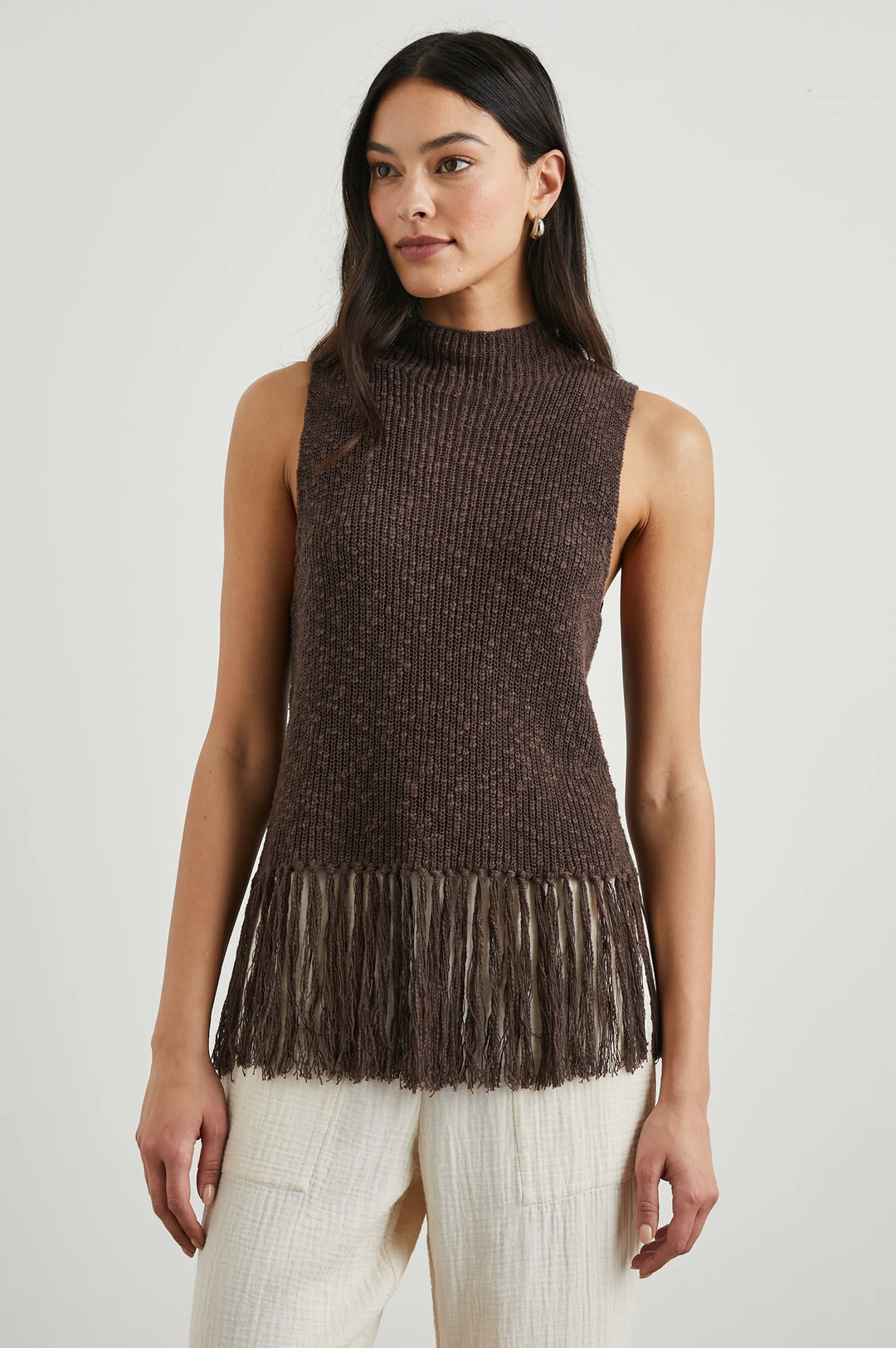 Rails Astrid Fringe Top in Umber, sleeveless blouse made from cotton crochet knit featuring a high neckline, fringe trim, and flattering fit #summerfashion #summertop