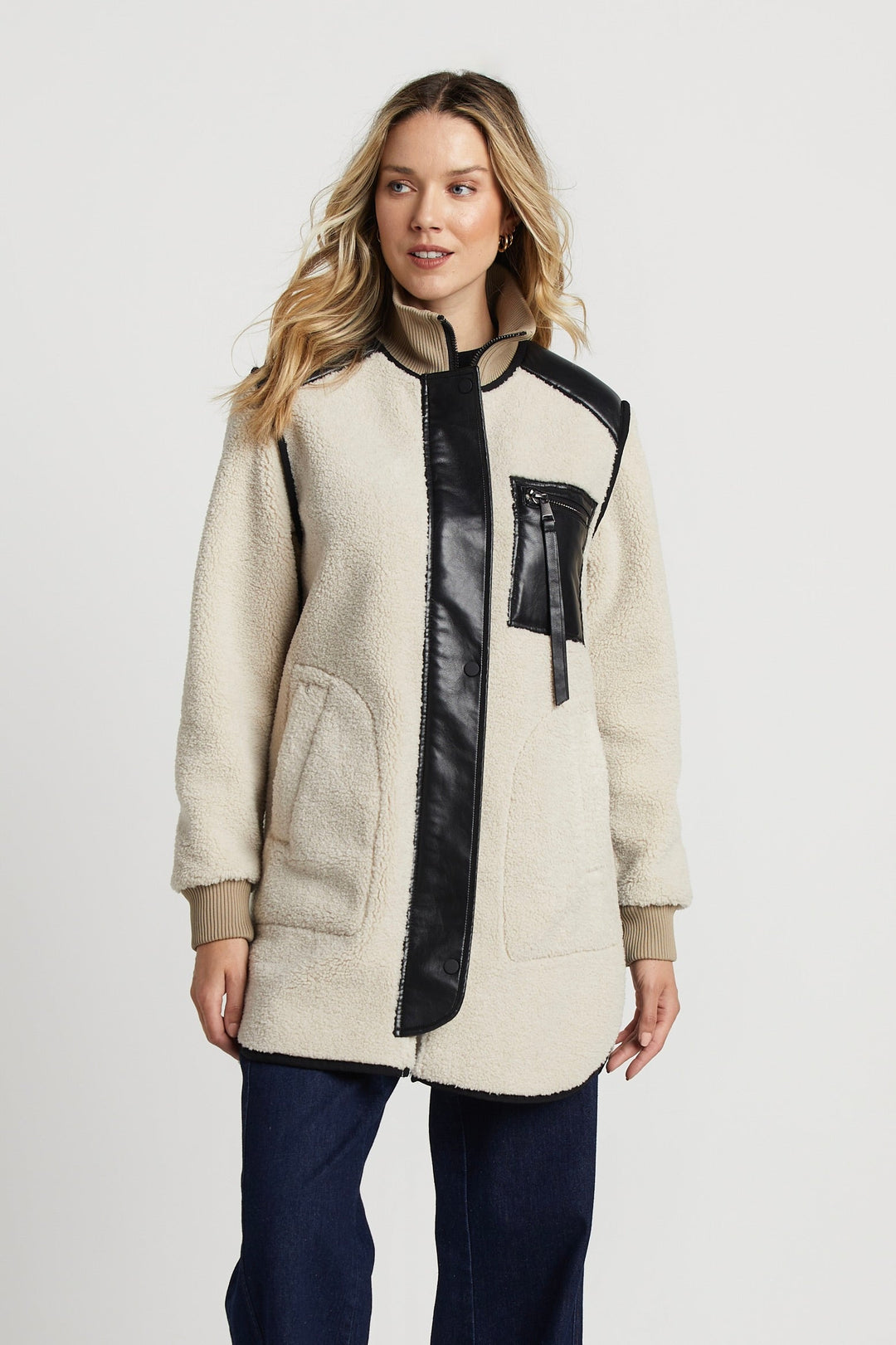 Adroit Atelier Audrey Faux Shearling Coat With Vegan Leather Trim & Side Zippers - Cream available at Barbara Katz