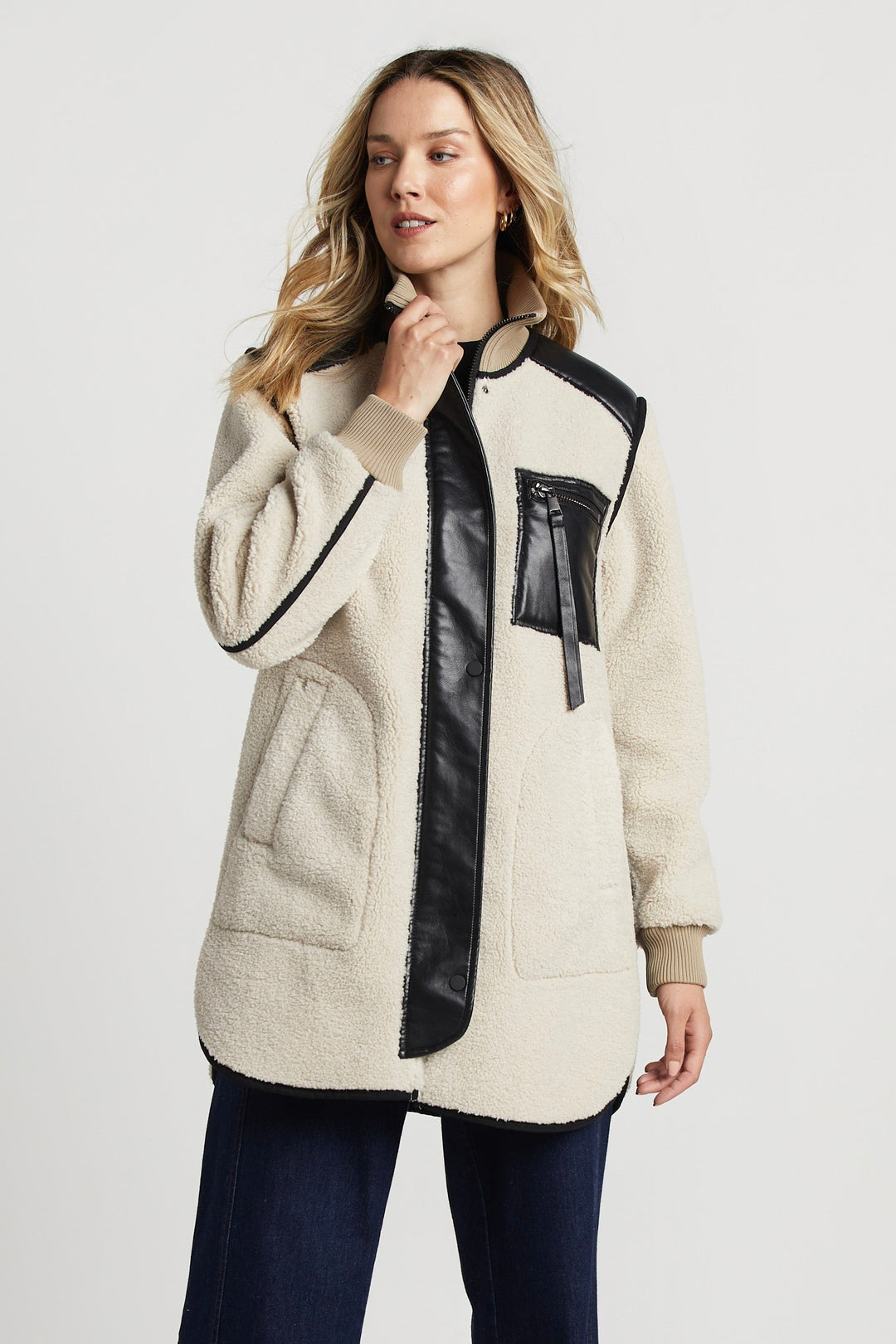 Adroit Atelier Audrey Faux Shearling Coat With Vegan Leather Trim & Side Zippers - Cream available at Barbara Katz