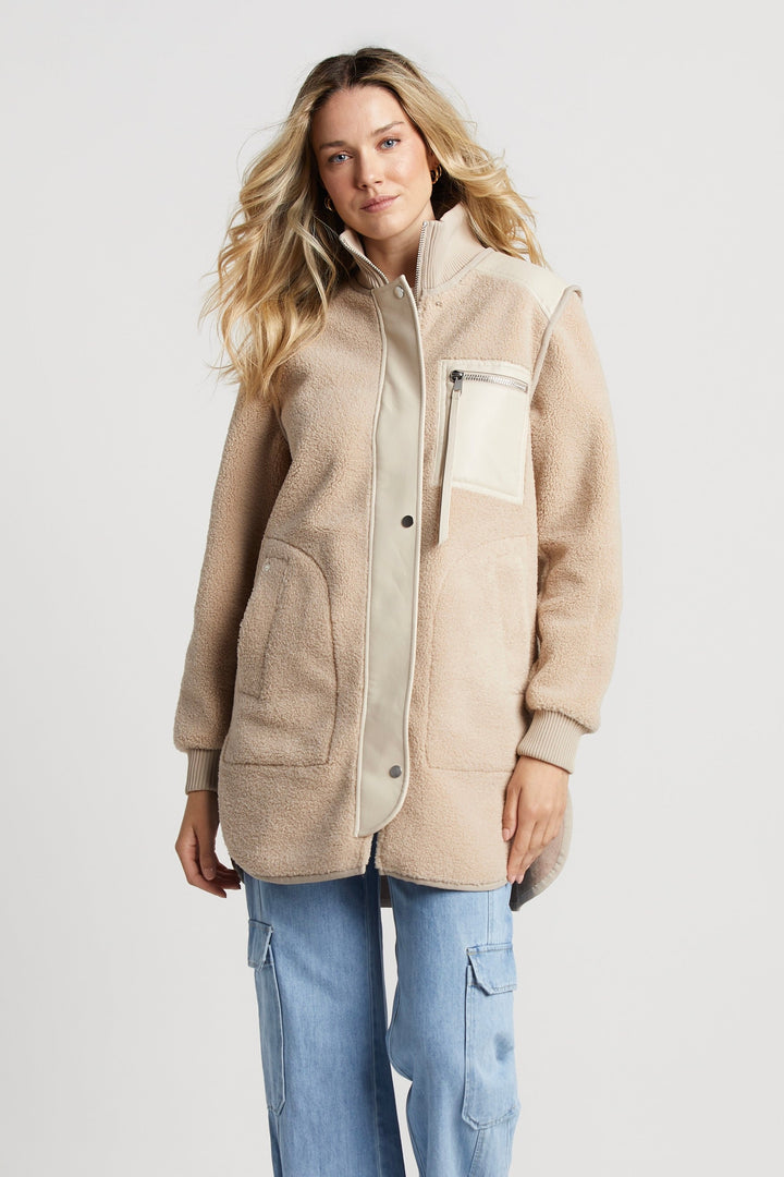 Adroit Atelier Audrey Faux Shearling Coat With Vegan Leather Trim & Side Zippers - Oak available at Barbara Katz