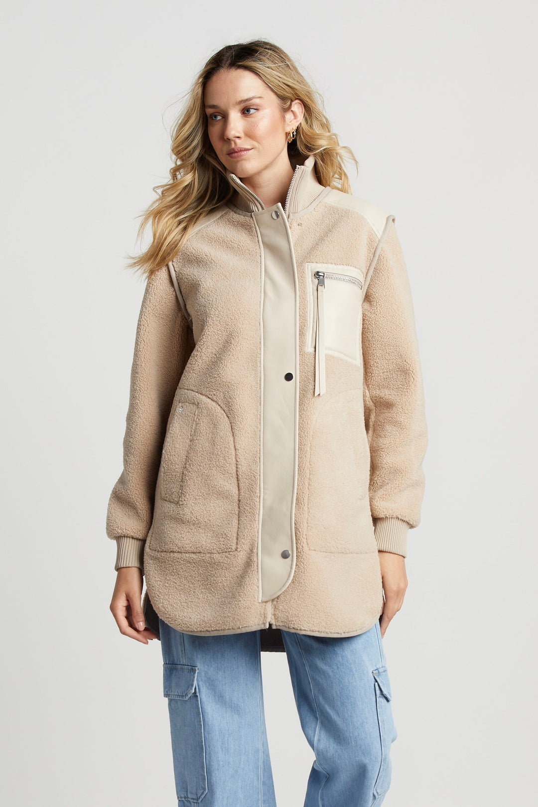 Adroit Atelier Audrey Faux Shearling Coat With Vegan Leather Trim & Side Zippers - Oak available at Barbara Katz