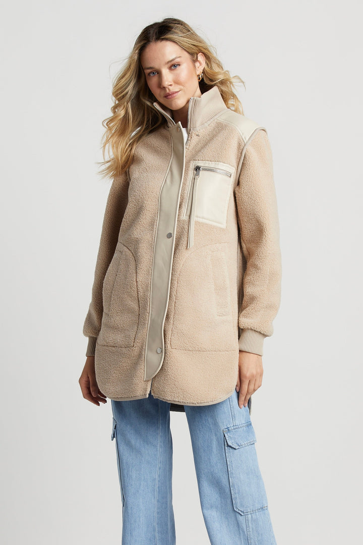 Adroit Atelier Audrey Faux Shearling Coat With Vegan Leather Trim & Side Zippers - Oak available at Barbara Katz