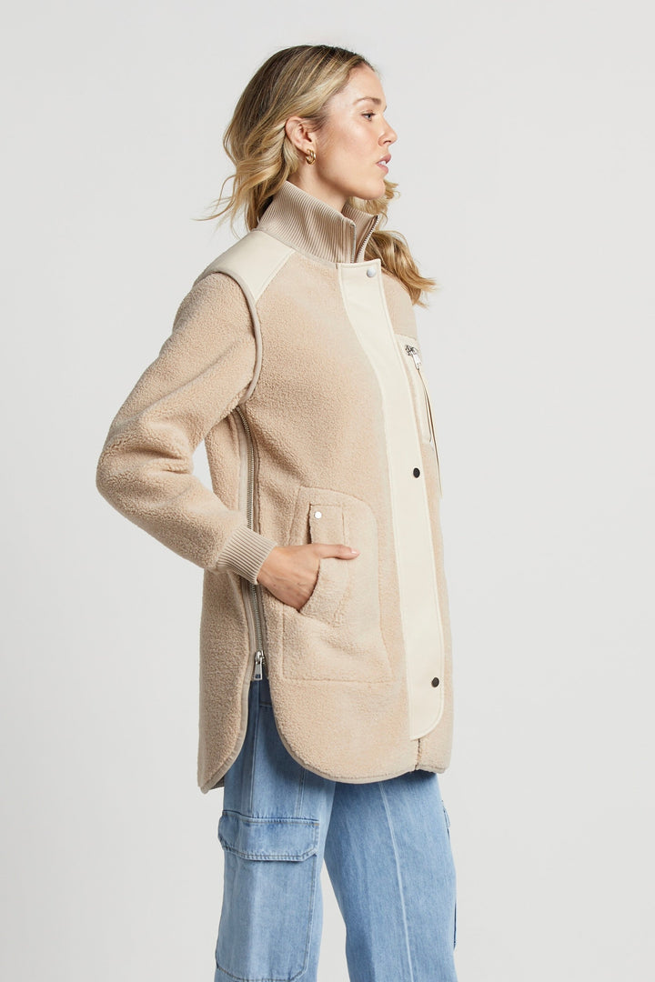 Adroit Atelier Audrey Faux Shearling Coat With Vegan Leather Trim & Side Zippers - Oak available at Barbara Katz