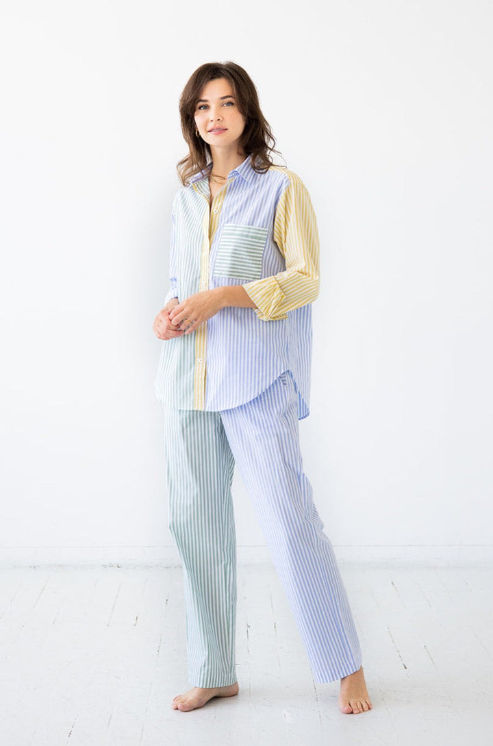 Salue Amalfi Stripes Resort Full Length Pajama Set - Light Blue/Green/Yellow