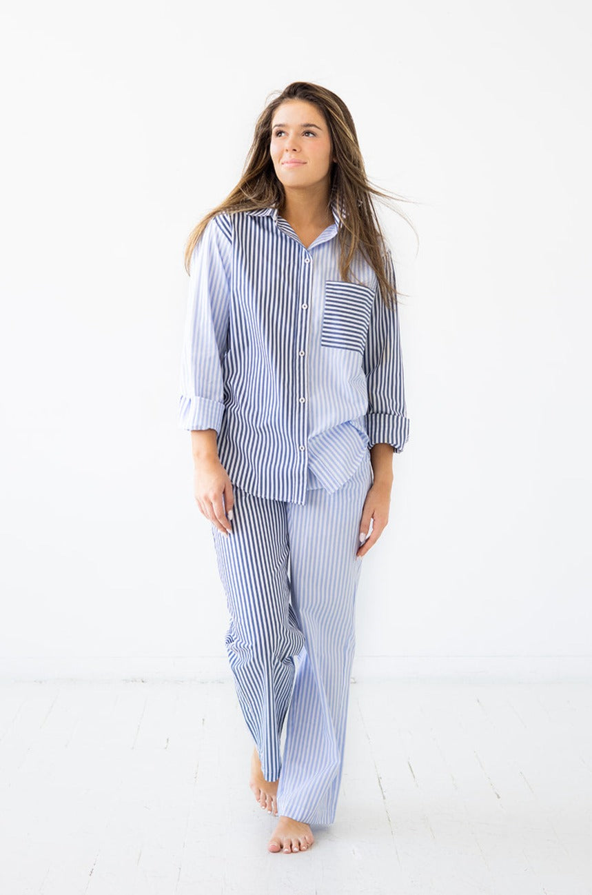 Salue Amalfi Stripes Resort Full Length Pajama Set - Light Blue/Navy