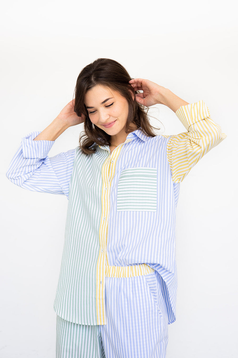 Salue Amalfi Stripes Resort Full Length Pajama Set - Light Blue/Green/Yellow