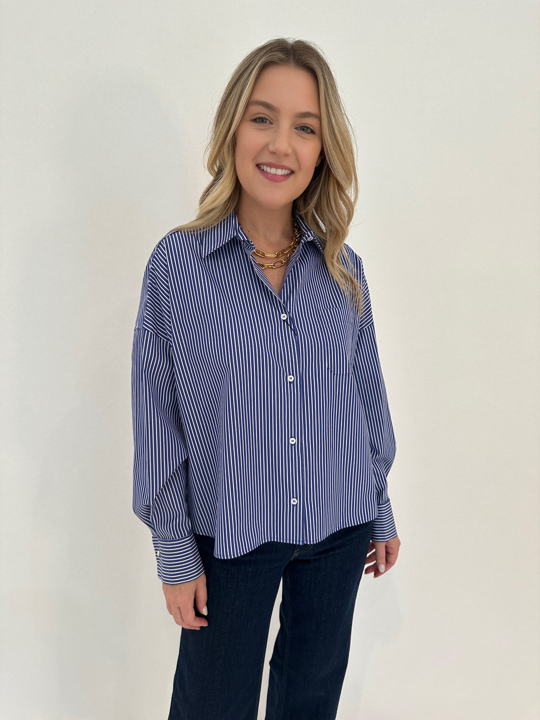 Max Mara Weekend Poplin Over Shirt in Navy Stripe available at Barbara Katz