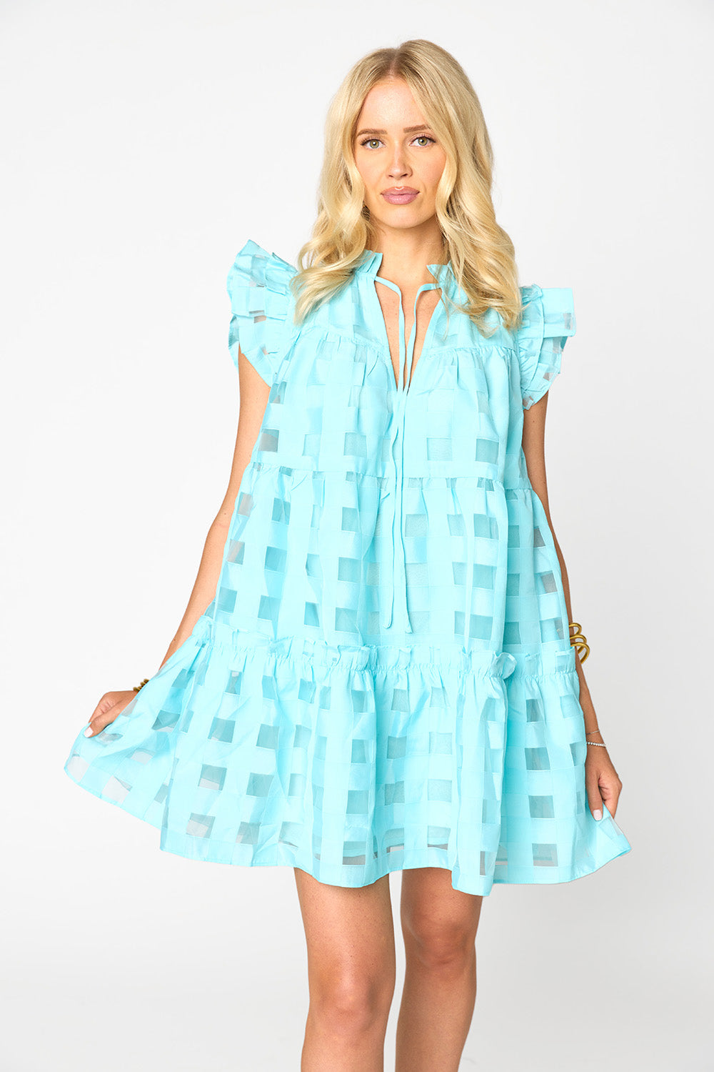 BuddyLove Aubrey Ruffle Shoulder Short Dress - Sky