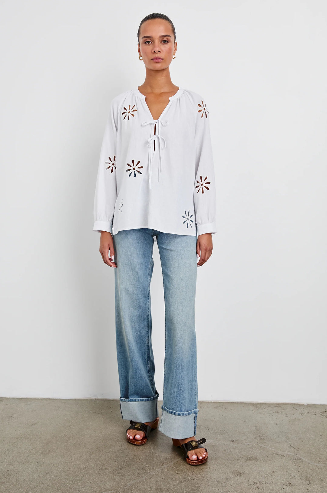 Rails Brielle Blouse in White Eyelet paired with Cuffed Jeans available at Barbara Katz