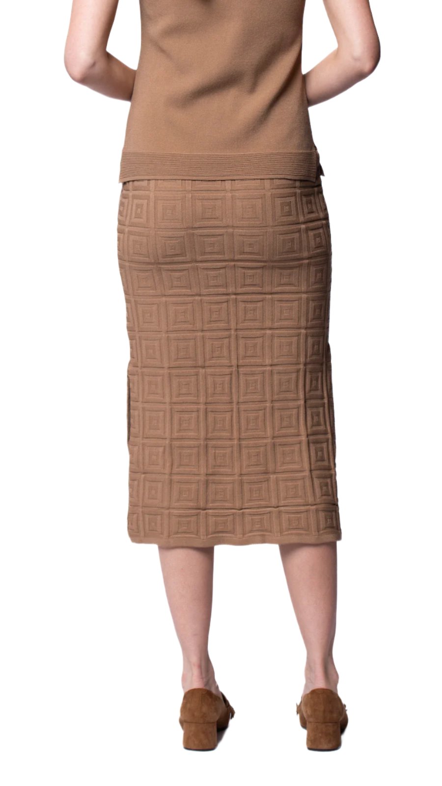 Biana Sabrina Square Pattern Midi Straight Skirt in Mocha available at Barbara Katz