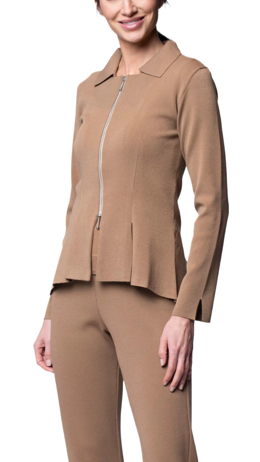 Biana Nikkie Flat-Knit Zip Jacket in Mocha available at Barbara Katz