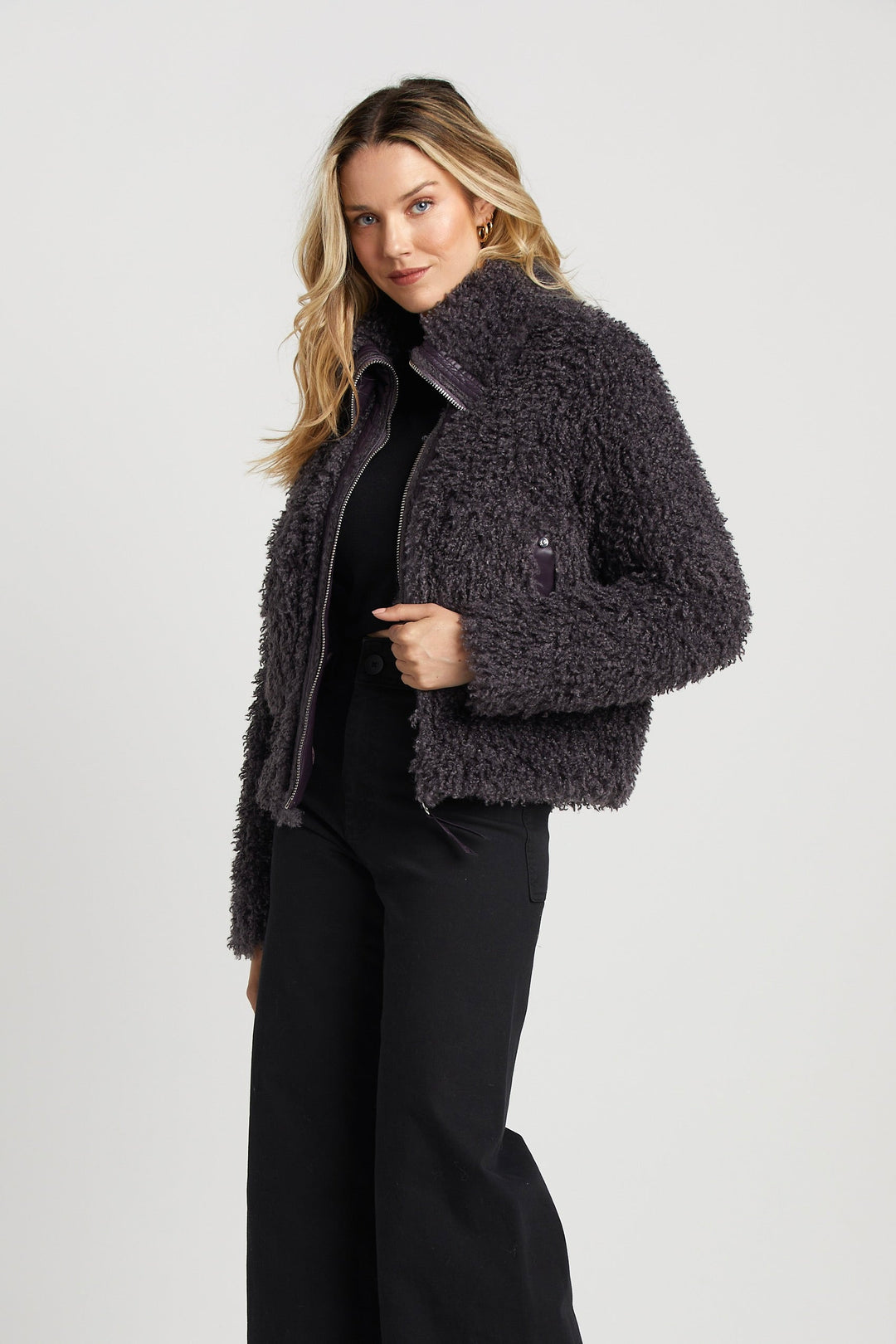 Adroit Atelier Carrie Short Mongolian Faux Fur Coat - Mulberry available at Barbara Katz