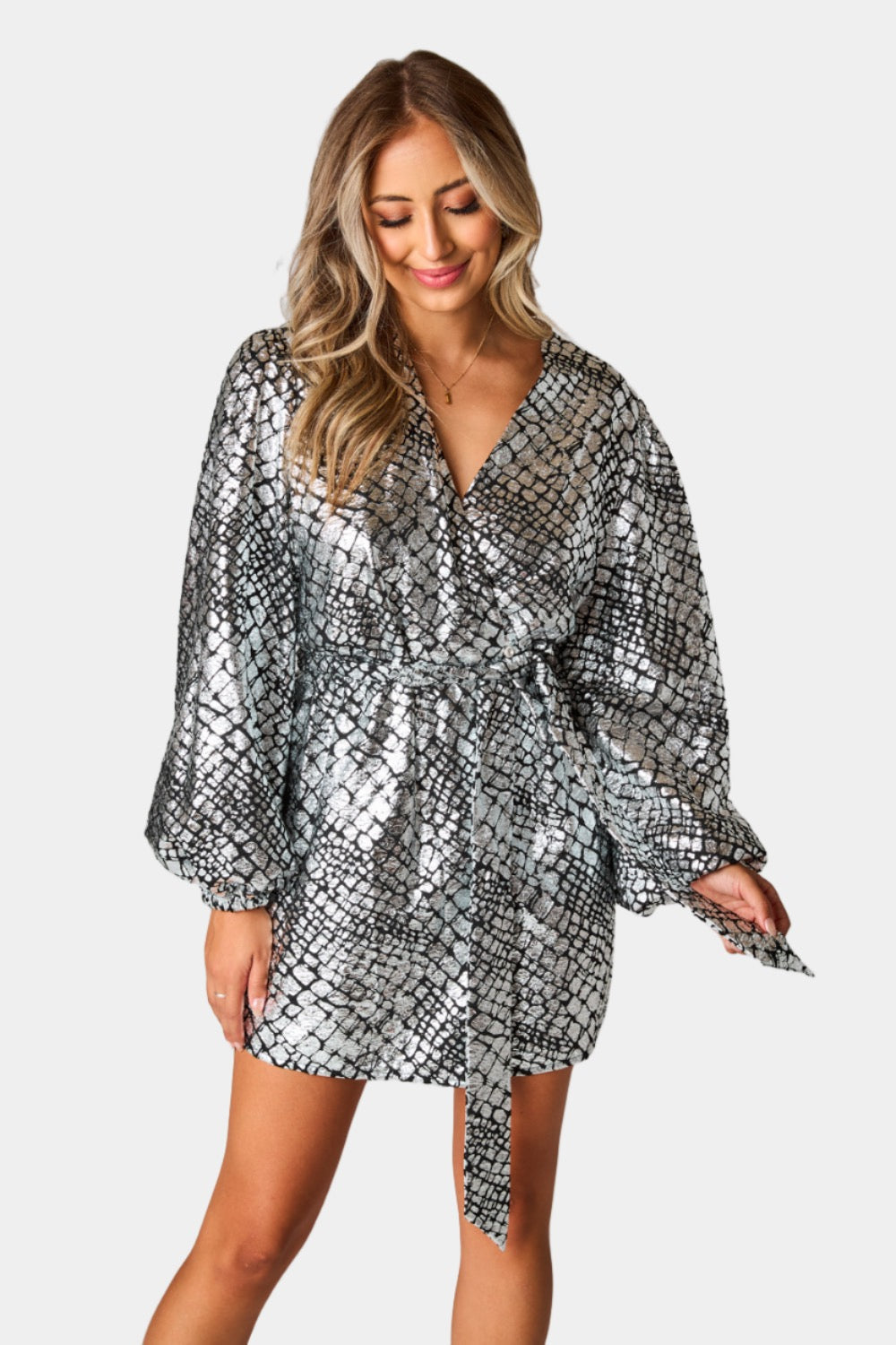 BuddyLove Adeline Short Wrap Dress in Pearl Rive available at Barbara Katz