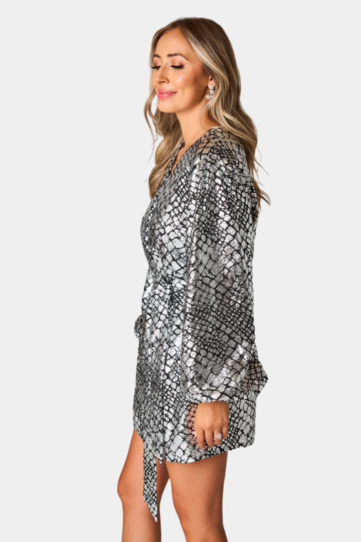 BuddyLove Adeline Short Wrap Dress in Pearl Rive available at Barbara Katz