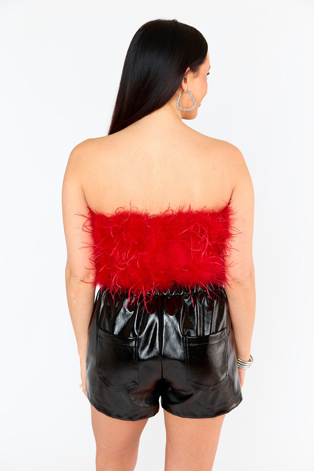 Fancy Strapless Feather Crop Top - Crimson