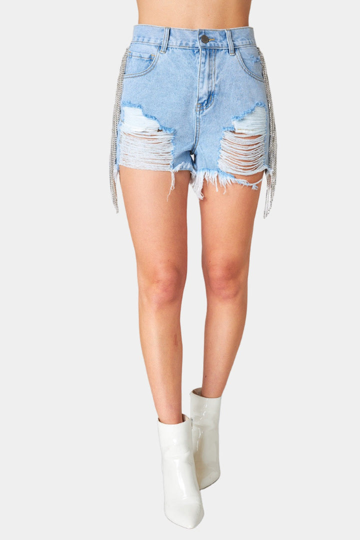 Raven Rhinestone Denim Shorts - Light Wash