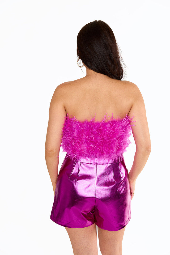 Fancy Strapless Feather Crop Top - Magenta