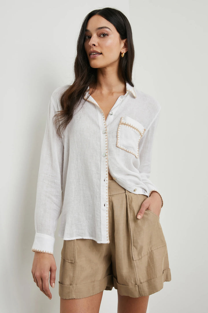 Rails Charli Long Sleeve Shirt in White Blanket Stitch, made from linen-blend fabric, featuring a classic shirt collar, solo chest pocket, sleeve placket, single-button cuffs, and relaxed fit #summerfashion # summershirt