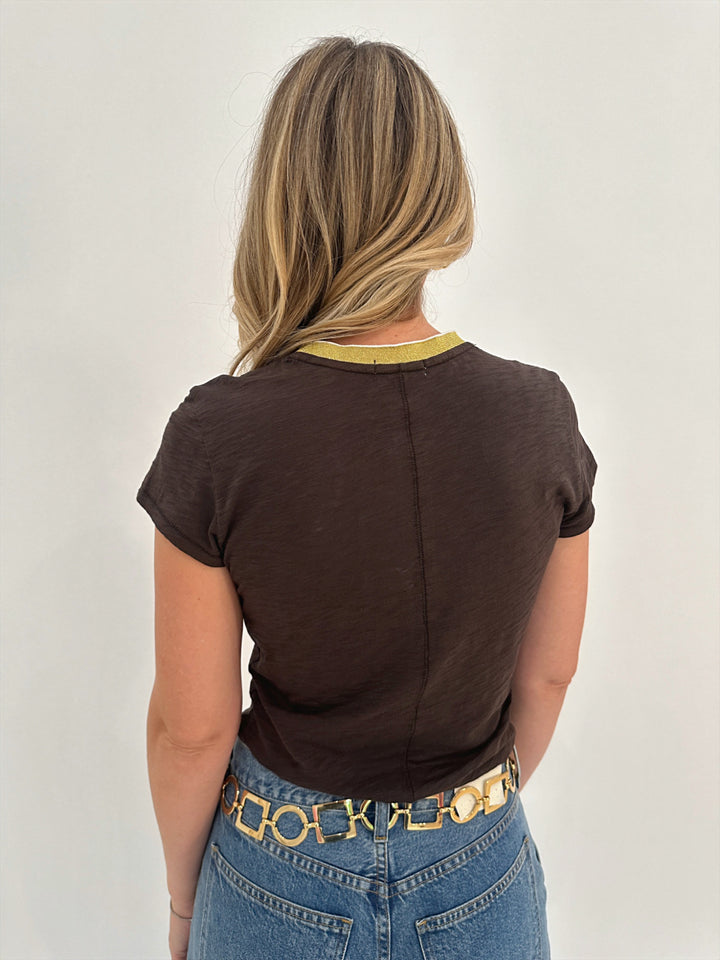 Goldie Metallic Tipped Ringer T-Shirt - Coffee/Gold available at Barbara Katz