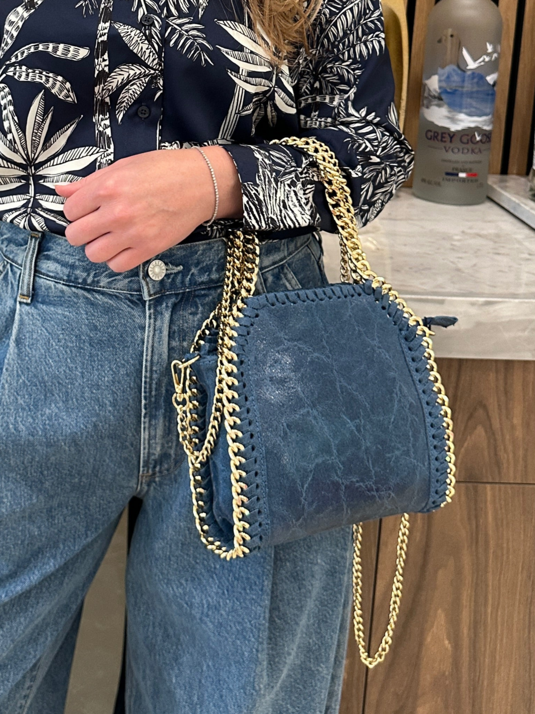 BK Metallic Luxe Chain Leather Bag in Denim Blue available at Barbara Katz